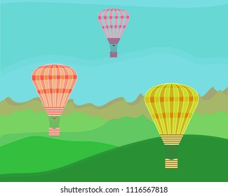 A scene of flying balloons in the sky above the ground with mountains, plains, and magnificent green spaces.