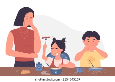 Scene With Food Mess On Family Breakfast. Messy Children At Dinner Table Cartoon Vector Illustration