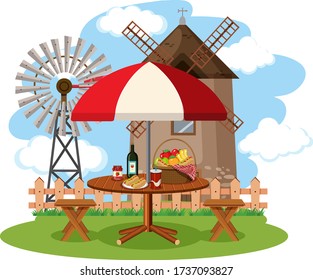 Scene with food on the picnic table on the farm illustration