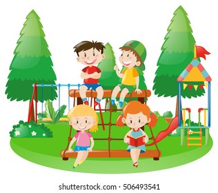 Scene with four kids on climbing station illustration