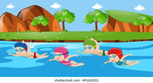 Scene with four kids swimming in river illustration
