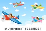 Scene with four pilots flying plane illustration