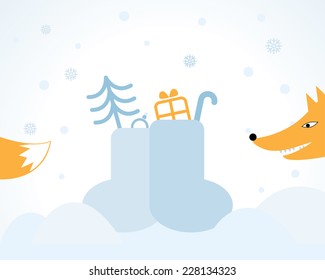 scene with the fox and Christmas gifts in boots. vector background. eps8