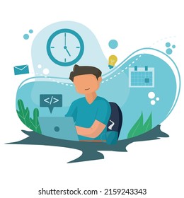 scene of freelancer working programming with his laptop and coffee. vector background illustration. blue background. business vector illustration