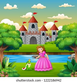 Scene with frog prince and princess on the edge of the river