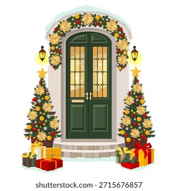 Uma cena com uma porta frontal com degraus, árvores de Natal com balões e flores bege poinsettia. Porta de entrada verde com decorações de Natal - grinalda de abeto, flocos de neve, caixas de presente festivo, lanternas brilhantes, faíscas.  Composição de entrada de fachada de Natal com portas de madeira com vitrais, árvores de Natal, presentes e decorações. Uma ilustração vívida para postais, adesivos, cartazes, cerâmica. Clipart vetorial ilustrado. Mão sem empate. 