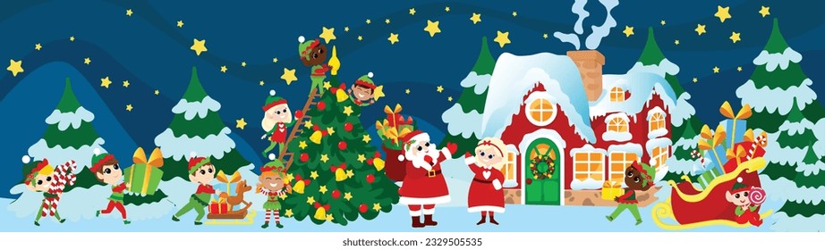 Scene in front of Santa Claus's house on Christmas night. Santa Claus and Mrs. Santa Claus stand in front of the house. Little elves decorate the Christmas tree and carry gifts. Elves are funny.