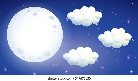 Escena con luna llena e ilustración de nubes