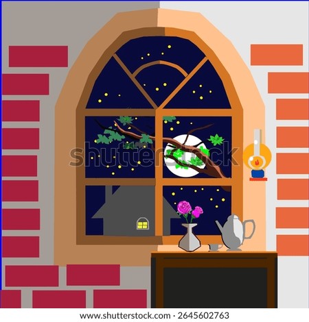 a scene of the fullmoon from the window with a set of coffeepot.