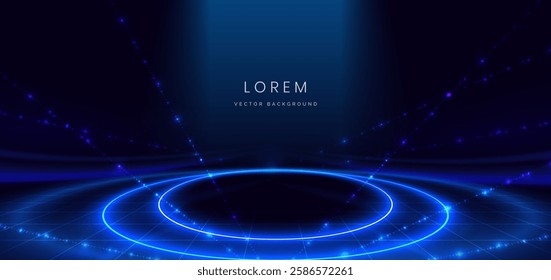 Scene futuristic neon circles glowing blue light lines with on dark blue background and lighting sparkle. Vector illustration