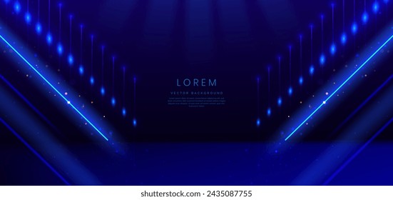 Scene futuristic neon glowing blue light lines with on dark blue background and lighting sparkle. Vector illustration