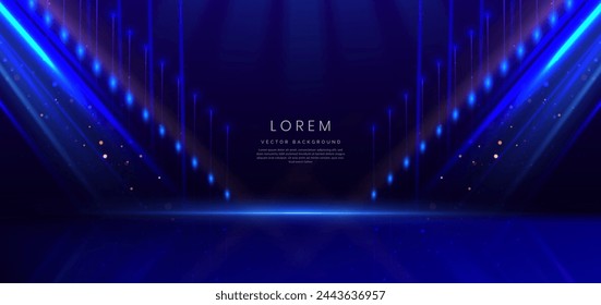 Scene futuristic neon glowing blue light lines with on dark blue background and lighting sparkle. Vector illustration