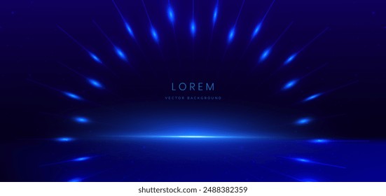 Scene futuristic neon glowing blue light lines with on dark blue background and lighting sparkle. Vector illustration