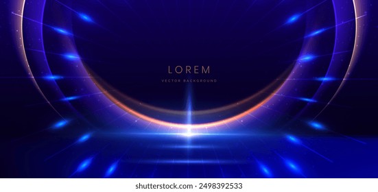 Scene futuristic neon glowing blue and gold light lines with on dark blue background and lighting sparkle. Vector illustration