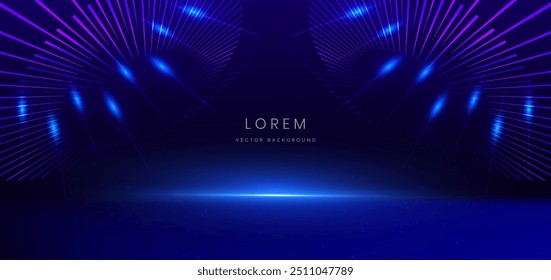 Scene futuristic neon glowing blue light lines with on dark blue background and lighting sparkle. Vector illustration