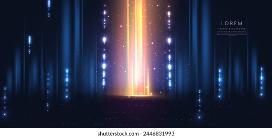 Scene futuristic neon glowing gold light ray with on dark blue background and lighting sparkle. Vector illustration