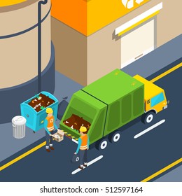 Scene Of Garbage Collectors At Work With Waste Container And Special Truck Near Factory Isometric Poster Vector Illustration