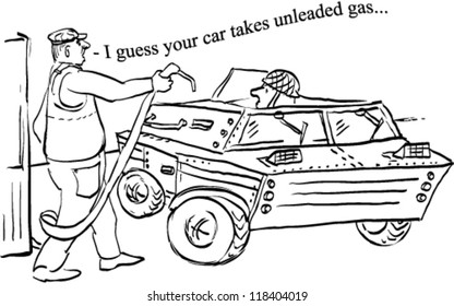 Scene in gas station, cartoon