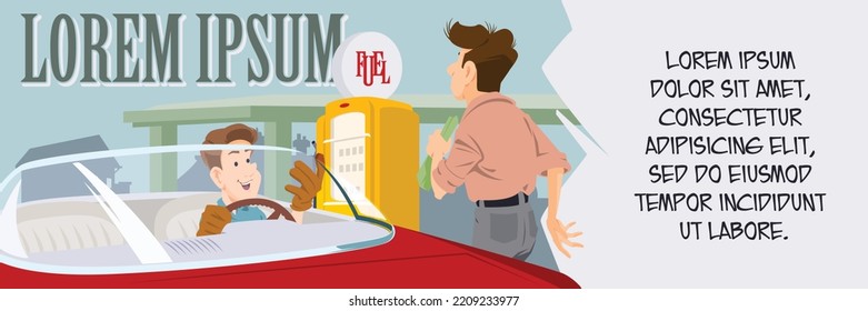 Scene at gas station. Funny people. Illustration concept template for website, web landing page, banner, presentation, social, poster, promotion or print media.