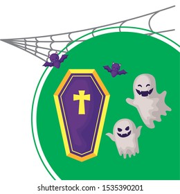 scene of ghost with icons of halloween vector illustration design