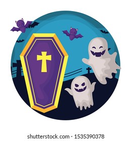 scene of ghost with icons of halloween vector illustration design