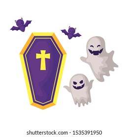 scene of ghost with icons of halloween vector illustration design