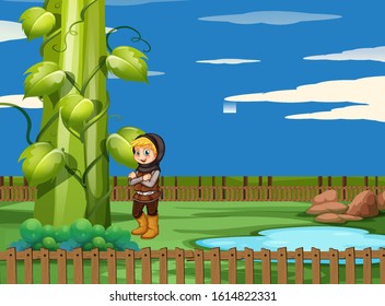 Scene With Giant Beanstalk And Hunter Illustration