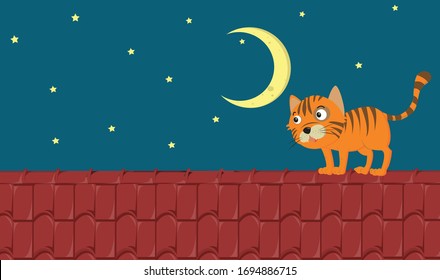 Scene with ginger cat standing on the roof at night illustration