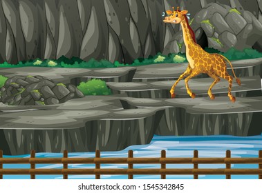 Escena con jirafa detrás de la ilustración de la jaula del zoológico