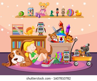 Scene with girl and dog in the room illustration