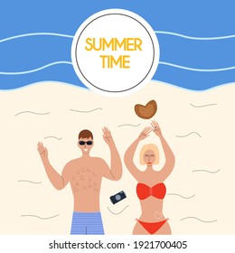 Scene of a girl and a guy on the beach, lovers lie on the sand near the water. Summer love story. Tourists have a rest at the sea. Vector illustration in flat style