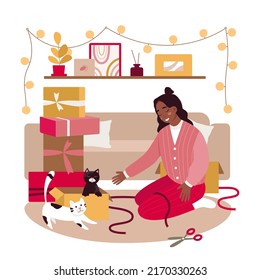 Scene of girl packing gifts with her cats. Playing funny pets, petting kitten, cozy home interior, animal care and friendship, handmade wrapping boxes, holiday time vector illustration