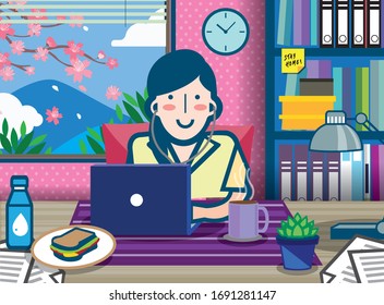 Scene of a girl quarantine herself and working from home during the movement control order covid 19 outbreak period.