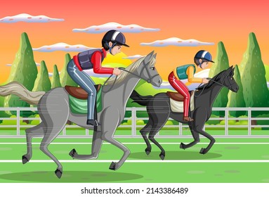 A scene of girl riding on a horse at racecourse illustration