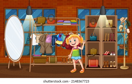 Scene with girl waving in the shop illustration