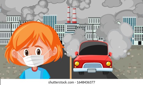 Scene with girl wearing mask in the big city illustration