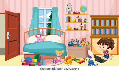 Scene with girl working on computer in bedroom illustration