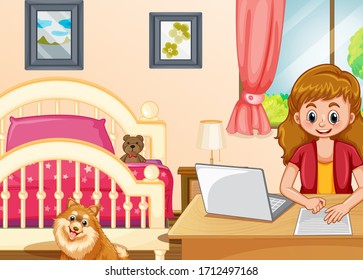 Scene with girl working on computer in bedroom illustration