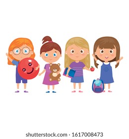scene of girls standing on white background vector illustration design