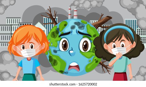 Scene with girls wearing mask and earth crying illustration