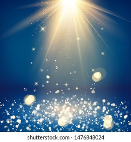 Scene with glitter and bokeh effect. Light rays and golden falling glittering dust. Shiny studio background. Vector illustration