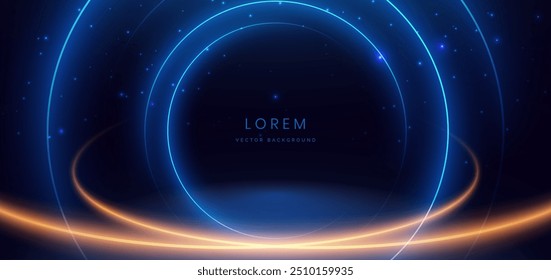 Scene glowing blue circles light ray with on dark blue background and lighting sparkle. Vector illustration