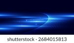 Scene glowing blue light ray horizontal with curve lines element on dark blue background. Technology speed car, communication data concept. Vector illustration