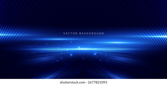 Scene glowing blue light ray on dark blue background. Technology speed car, communication data concept. Vector illustration