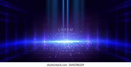Scene glownig blue anid purple light with lighting effect and sparkle on dark blue background. Technology futuristics concept. Vector illustration