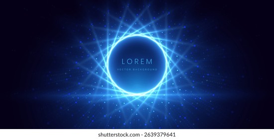 Scene glownig blue circle light with lighting effect and sparkle on dark blue background. Vector illustration