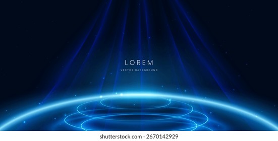 Scene glownig blue light circle glowing with lighting effect and sparkle on dark blue background. Vector illustration