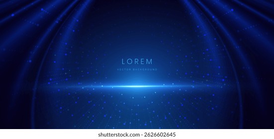 Cena com luz azul brilhante com efeito de iluminação e brilho no fundo azul escuro. Ilustração vetorial