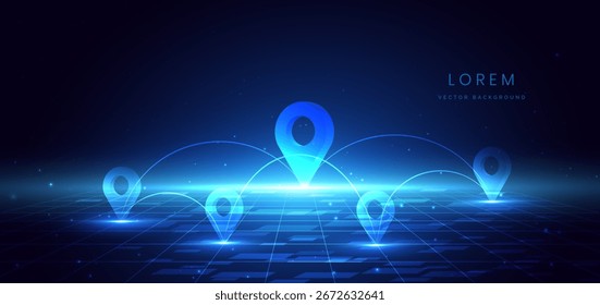 Escena de luz azul brillante con efecto de iluminación y brillo sobre fondo azul oscuro. Concepto de red de mapa de ubicación de tecnología inteligente. Ilustración vectorial