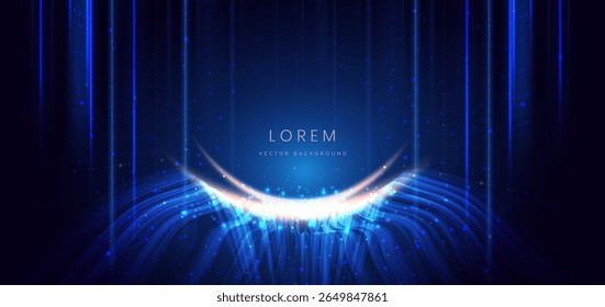 Scene glownig blue wave lines with lighting effect and sparkle on dark blue background. Technology futuristics concept. Vector illustration